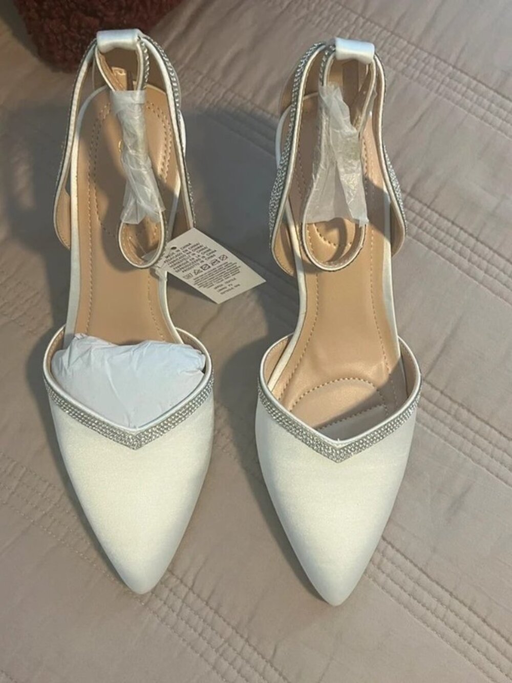 Elegant White Pointed-Toe Heels with Rhinestone Trim